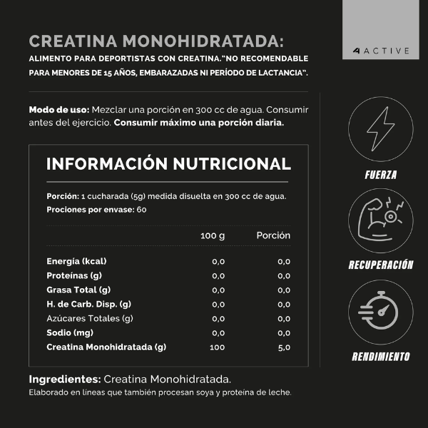 4active 100% Pure Creatina Monohydrate - 300 Grs - Imagen 2